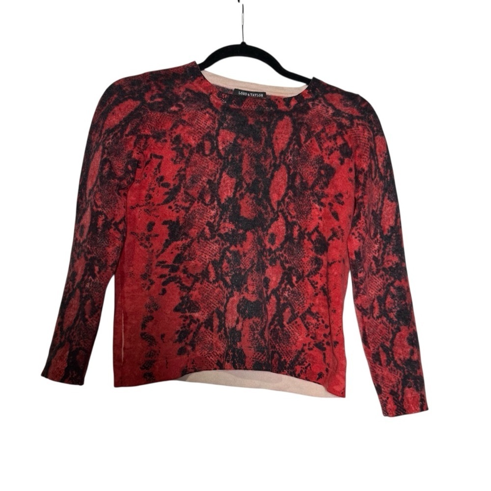 Lord & Taylor Cashmere Crewneck Sweater Snakeskin Pattern Red and Black Size M